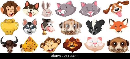 Set of different cute cartoon animals head huge isolated on white background illustration Stock Vector