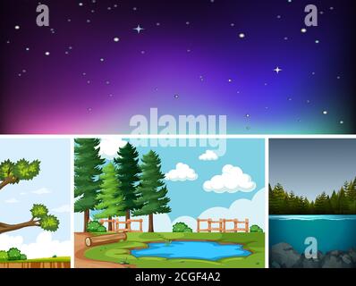 Four different scenes in nature setting cartoon style illustration Stock Vector