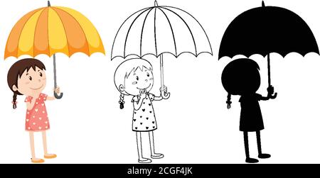 Girl holding umbrella in colour and silhouette and outline illustration Stock Vector