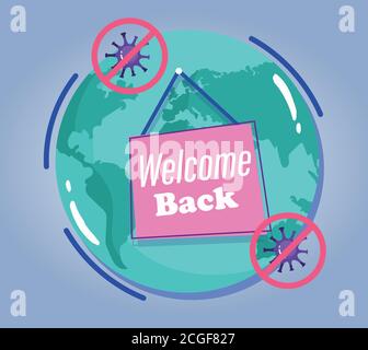 reopening, welcome back lettering hanging in planet, coronavirus covid 19 vector illustration Stock Vector