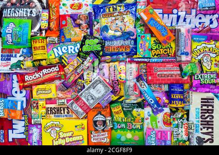 Colourful assorted childrens american sweets and candy Stock Photo