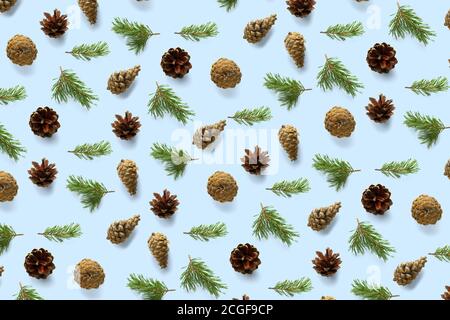 Pine cone Christmas background on blue. Pine branches and cones. minimal creative cone arrangement pattern. flat lay, Modern christmas Background. Stock Photo