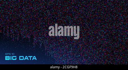 Big data visualization. Data stream crumbling down. Abstract background of a large number of multicolored particles on a black background with copy Stock Vector