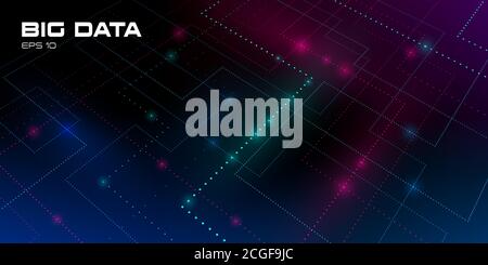 Big data visualization. Futuristic background with tracks of glowing data units. Streams of multicolored particles. Depth of field DOF. Concept of Stock Vector