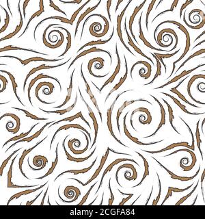 Stock seamless vector pattern of brown flowing lines with ragged edges with black stroke isolated on a white background. Stock Vector