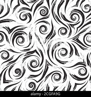 Stock black and white vector seamless pattern. Water waves or splashes. Abstract texture from brush strokes isolated on white background. Stock Vector