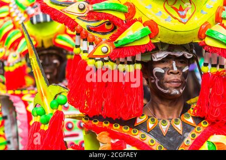 A reveler in costume during the Ati-atihan Festival in Kalibo, Aklan, Philippines. The event is held every third Sunday of January. Stock Photo