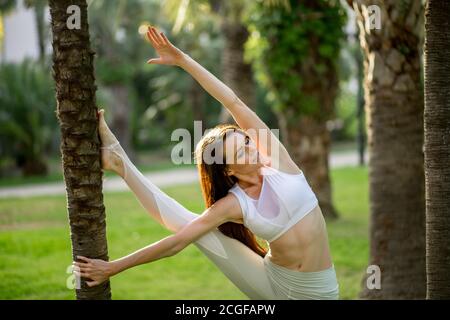 Young attractive woman practicing fitness, standing in stretching exercise, yoga pose, working out outdoors over nature background Stock Photo