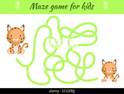 Funny maze or labyrinth game for kids. Help mother find path to baby. Education developing worksheet. Activity page. Cartoon lynx characters. Stock Vector