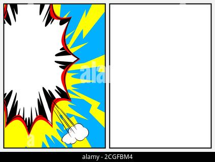 Comic book page illustration with half page colored comic graphic elements. Cartoon design colored background.  Vector comics backdrop. Stock Vector