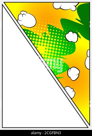 Comic book page illustration with half page colored comic graphic elements. Cartoon design colored background.  Vector comics backdrop. Stock Vector