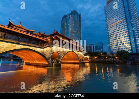 Anshun Bridge and modern buildings in Chengdu Stock Photo