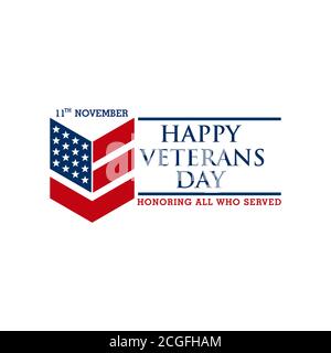 Happy Veterans Day lettering with USA flag illustration. November 11 holiday background. Celebration poster with stars and stripes. Greeting card in v Stock Vector