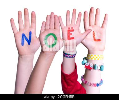 Children Hands Building Word Noel Means Christmas, Isolated Background Stock Photo