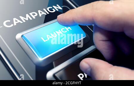 Man Using a Campaign System by Pressing a Button on Futuristic Interface. Modern Business Concept