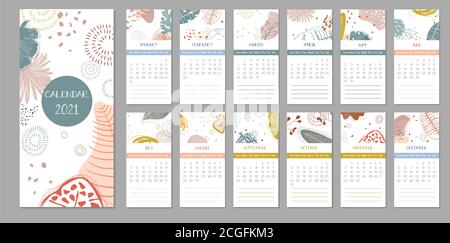 2021 trendy calendar design. Set of 12 months. Week starts on Sunday.Editable calender page template A4, A3 format.Abstract artistic vector illustrati Stock Vector
