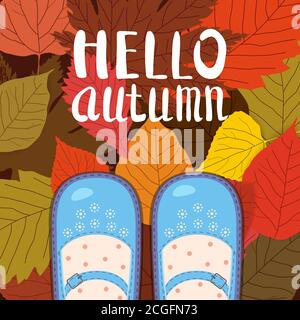 Women blue shoes on autumn leaves. Lettering Hello Autumn. Poster, banner vector illustration isolated Stock Vector