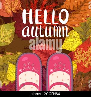 Women red shoes on autumn leaves. Lettering Hello Autumn. Poster, banner vector illustration isolated Stock Vector