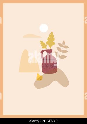 Autumn trendy card collage. Minimal shapes vase colour pastel flora. Template fall poster, banner vector illustration isolated Stock Vector