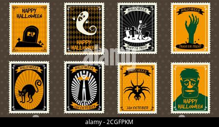 Happy Halloween Set Postage Stamps with ghost, scull, grave, zombie, castle, Vampire, spider, hand, halloween cartoon symbol. Vector isolated retro Stock Vector