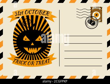 Happy Halloween Postcard invitation template with Postage Stamp background design. Vector isolated banner poster Stock Vector