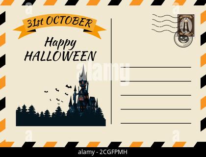 Happy Halloween Postcard invitation template with Postage Stamp background design. Vector isolated banner poster Stock Vector