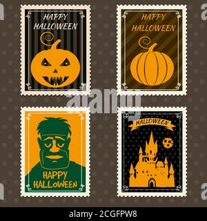 Happy Halloween Set Postage Stamps with black castle, zombie, halloween cartoon symbol. Vector isolated retro vintage Stock Vector