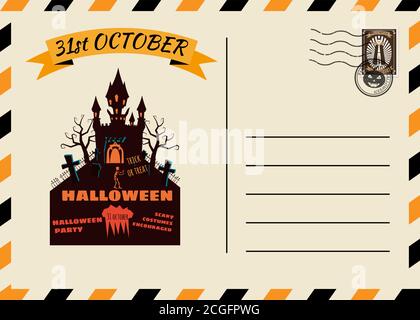 Happy Halloween Postcard invitation Dark Castle Cemetery template with Postage Stamp background design. Vector isolated banner poster Stock Vector