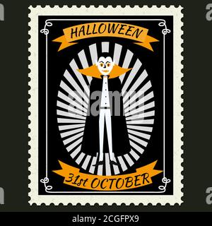 Happy Halloween Postage Stamps with Vampire, halloween cartoon character symbol. Vector isolated retro vintage Stock Vector