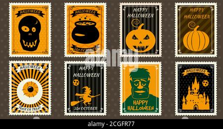 Happy Halloween Set Postage Stamps with pumpkin, scull, witch cauldron, zombie, castle, witch on broomstick, eye, halloween cartoon symbol. Vector Stock Vector