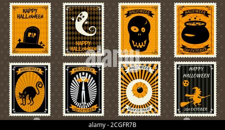 Happy Halloween Set Postage Stamps with witch cauldron, scull, grave, ghost, Vampire, eye, witch on broomstick, black cat, grave, halloween cartoon Stock Vector