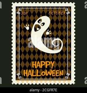 Happy Halloween Postage Stamps with ghost, halloween cartoon character symbol. Vector isolated retro vintage Stock Vector