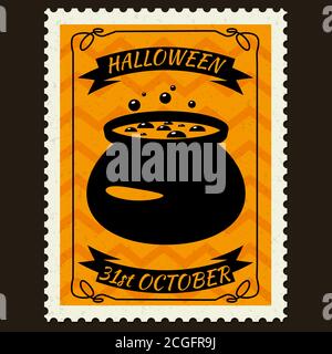 Happy Halloween Postage Stamps with witch cauldron, halloween cartoon character symbol. Vector isolated retro vintage Stock Vector