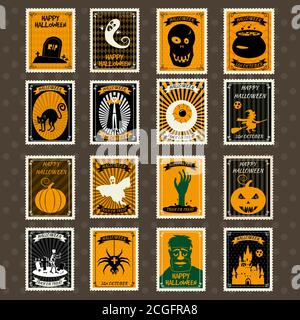 Happy Halloween Set Postage Stamps with ghost, pumpkin, scull, grave, zombie, castle, Vampire, spider, hand, ghost, witch, cauldron, cat, halloween Stock Vector