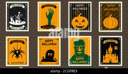 Happy Halloween Set Postage Stamps with back castle, hand, grave, zombie, pumpkin, spider, hand, halloween cartoon symbol. Vector isolated retro Stock Vector