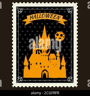 Happy Halloween Postage Stamps with black castle, halloween cartoon symbol. Vector isolated retro vintage Stock Vector