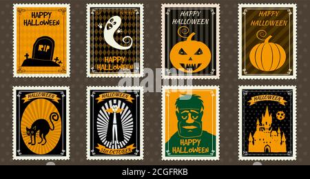 Happy Halloween Set Postage Stamps with pumpkin, ghost, Vampire, zombie, castle, black cat, grave, halloween cartoon symbol. Vector isolated retro Stock Vector
