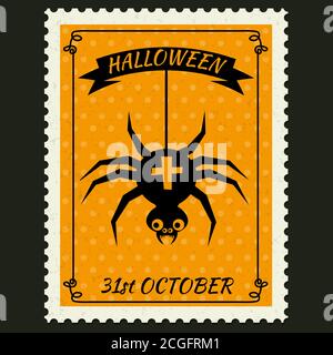 Happy Halloween Postage Stamps with spider, halloween cartoon character symbol. Vector isolated retro vintage Stock Vector