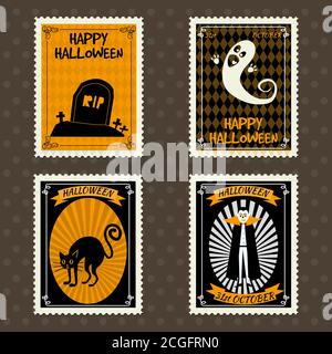 Happy Halloween Postage Stamps with ghost, Vampire, black cat grave, cemetery, halloween cartoon symbol. Vector isolated retro vintage Stock Vector