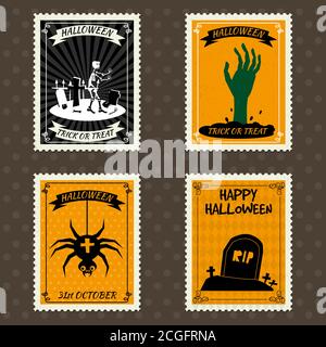 Happy Halloween Postage Stamps with hand of the risen dead zombie, spider, grave, cemetery, halloween cartoon symbol. Vector isolated retro vintage Stock Vector