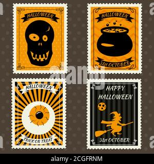 Happy Halloween Set Postage Stamps with scull, witch cauldron, witch on broomstick, eye, halloween cartoon symbol. Vector isolated retro vintage Stock Vector