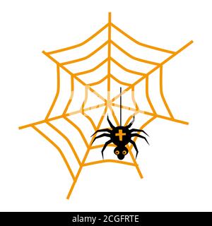 Halloween spider and web flat single icon. Halloween symbol of fear and danger. Black spooky decorative element. Vector illustration isolated on white Stock Vector