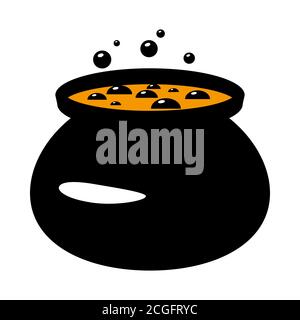 Cauldron boiler witches flat single icon. Halloween symbol of fear and danger. Black spooky decorative element. Vector illustration isolated on white Stock Vector