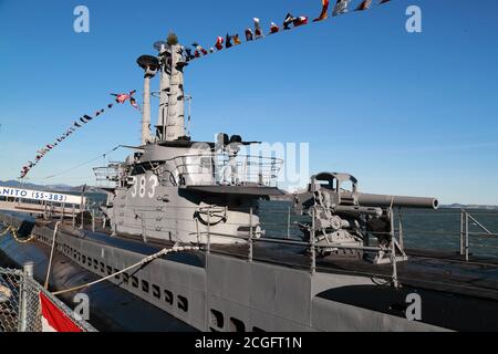 WW II Submarine USS Pampanito moored in San Francisco harbour, USA Stock Photo