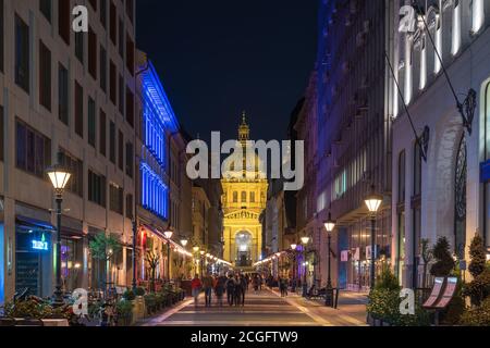 Budapest, Hungary - April 19, 2019: Budapest Hungary night city skyline at Zrinyi Street and St. Stephen's Basilica Stock Photo