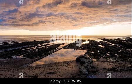Dog Walker, Old Salt Water Swimming Pool, Rocky Coastline, Sunset Castle Sands Beach, St Andrews, Fife, Scotland, UK, GB.