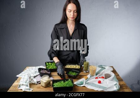 Image of packing microgreens in containers by woman in black clothes Stock Photo