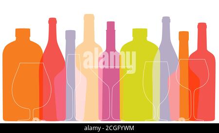 Outline wine bottles and glasses on white background. Contour of bottles and glasses. Silhouettes in overprint style. Vector template Stock Vector