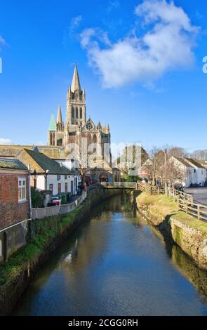 Truro Cathedral seen along the River Truro from New Bridge Street Stock Photo