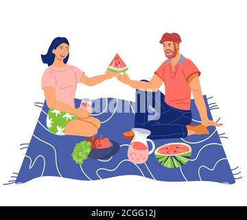 Couple having a summer picnic together, flat isolated vector illustration. Stock Vector